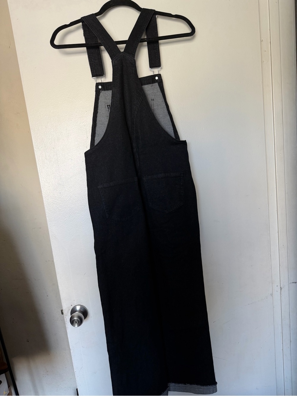 XS Dark Wash Cropped Wide Leg Denim Overalls Raw Hem Stretch Jumpsuit - Picture 6 of 10